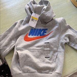 Nike Heather Gray Hoodie with Vibrant Orange and Blue Logo